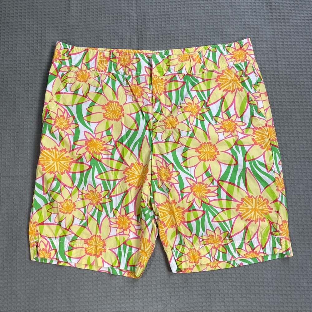 Lilly Pulitzer Resort Fit Bermuda Shorts 12 Womens Cotton Chino Yellow Floral